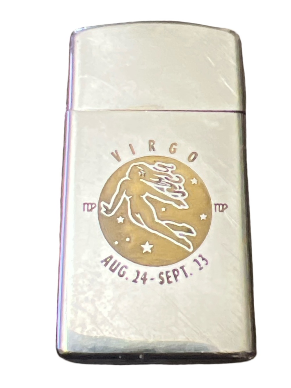Vintage 1970’s  Virgo Zodiac Sign Chrome Slim Zippo Lighter
